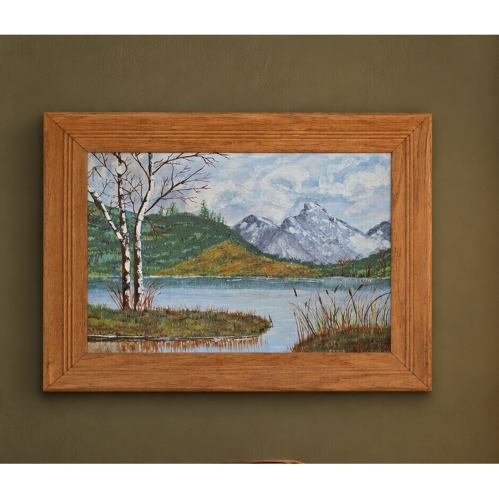 VTG 1989 Signed cabin Mountain Lake Landscape Oil Painting professionally Framed
